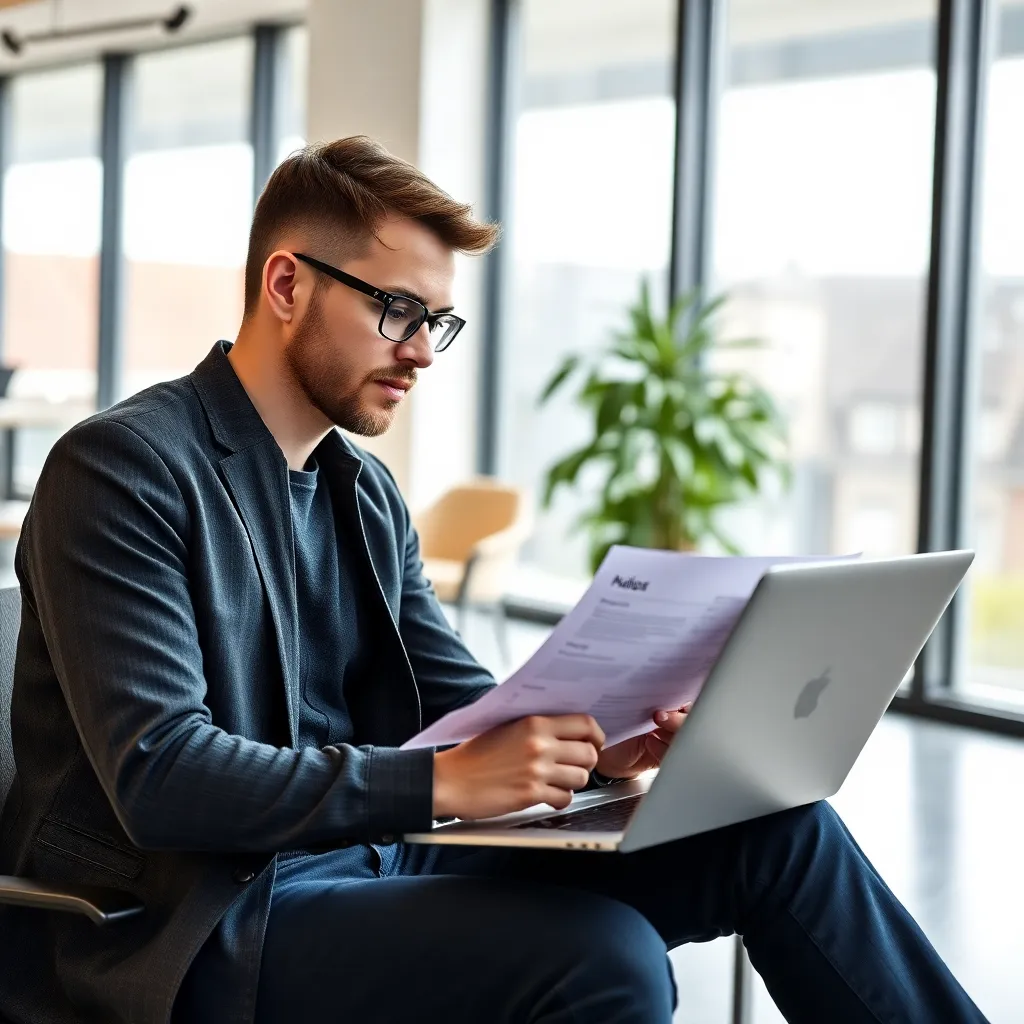 Jonge ondernemer werkt aan business plan in modern kantoor